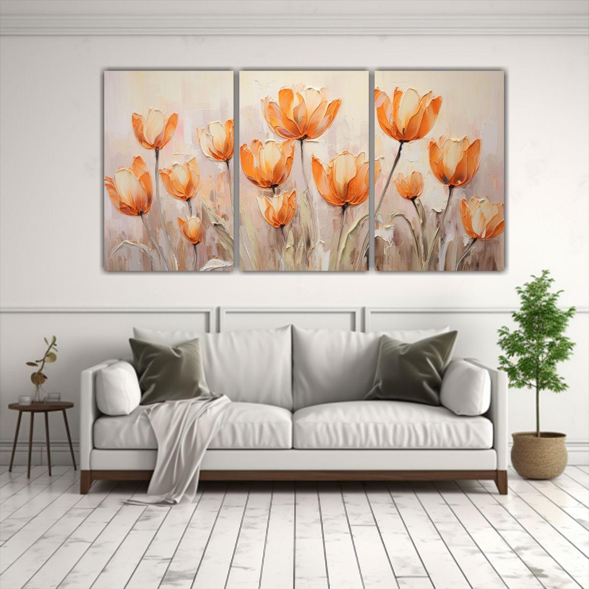 Pintura Tres Lienzos Tonos Culturar Con Tulipanes 150x75 Cm-2