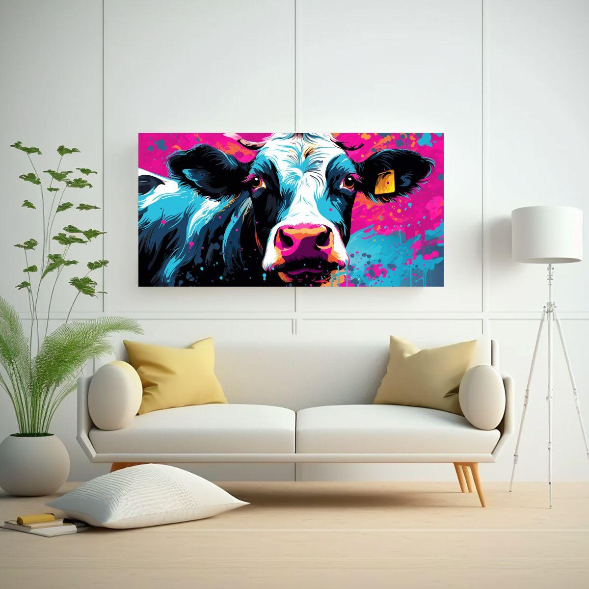 Cuadro Tela Bastidor Vaca Púrpura Y Negra Pop 40x20cm-2
