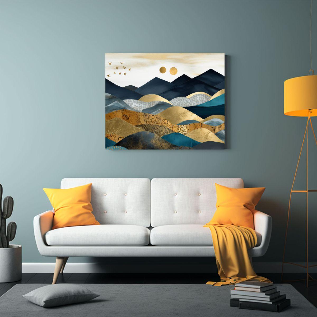 Pintura Decorativa De Paisaje Montañoso En Tonos Dorados Y  120x80cm-2