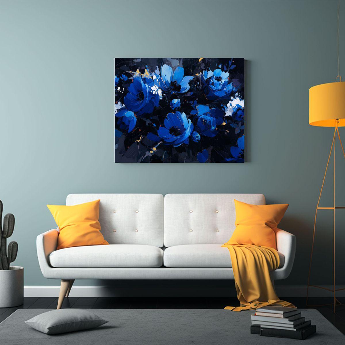 Cuadro Espectacular Flores En Azul Y Negro Sobre 30x20 Cm-2