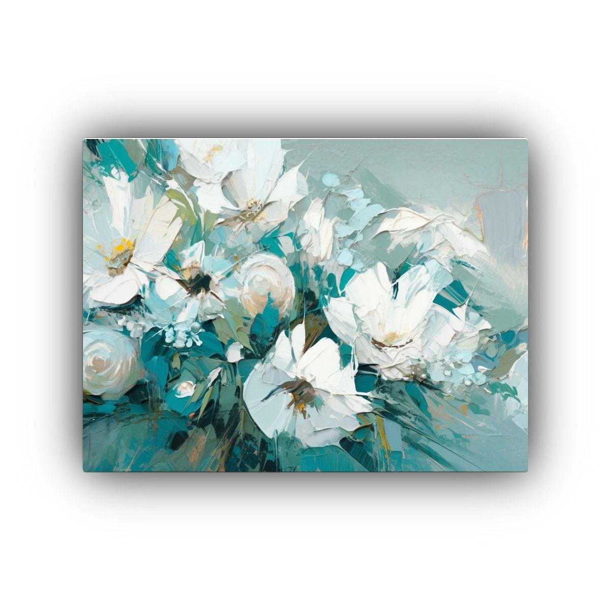 Pintura Acuarela Relieve Flores Blanco Y Teal 40x30cm-0