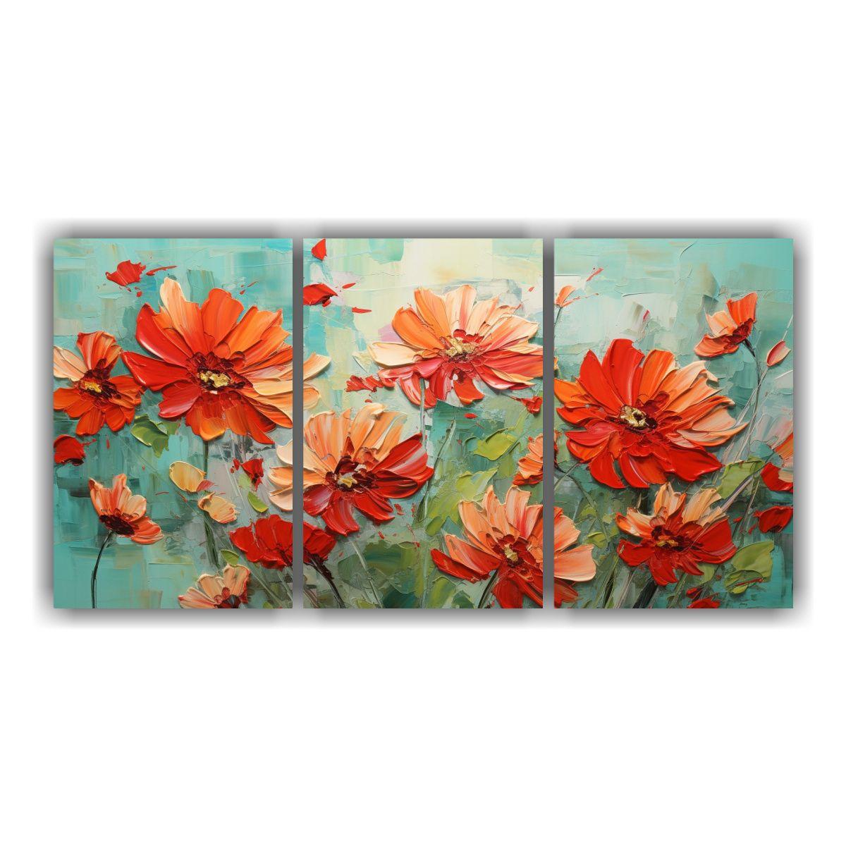 Tríptico Vanguardista De Flores Verdes Y Rojas 60x30 Cm-0