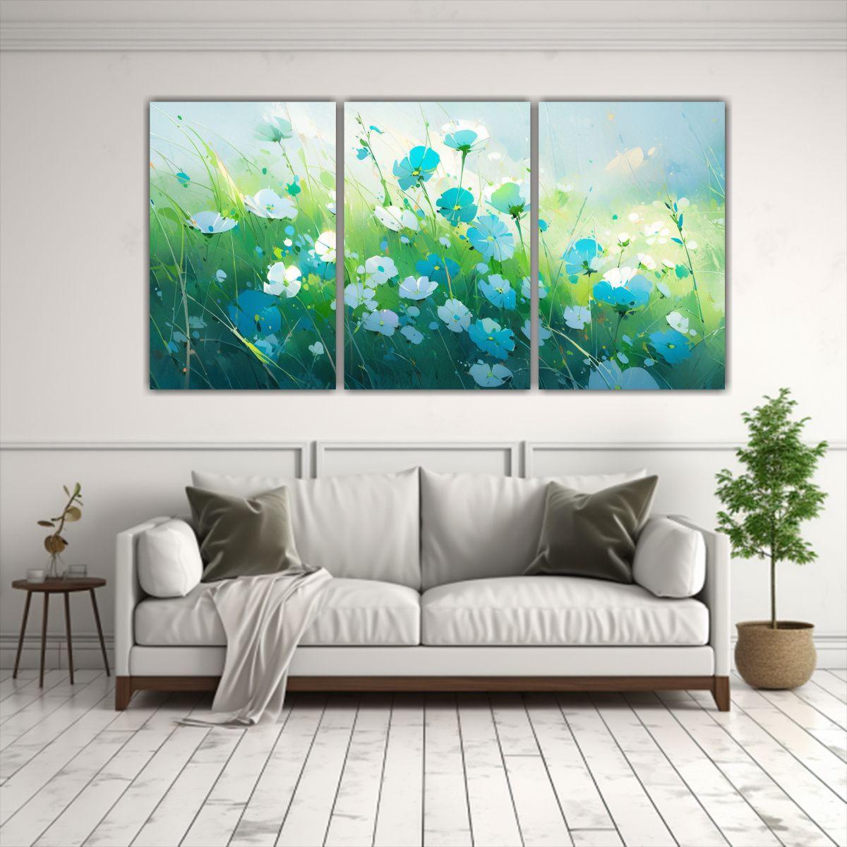 Set 3 Cuadros De Flores En Colores Verde Y Azul 90x45 Cm-2