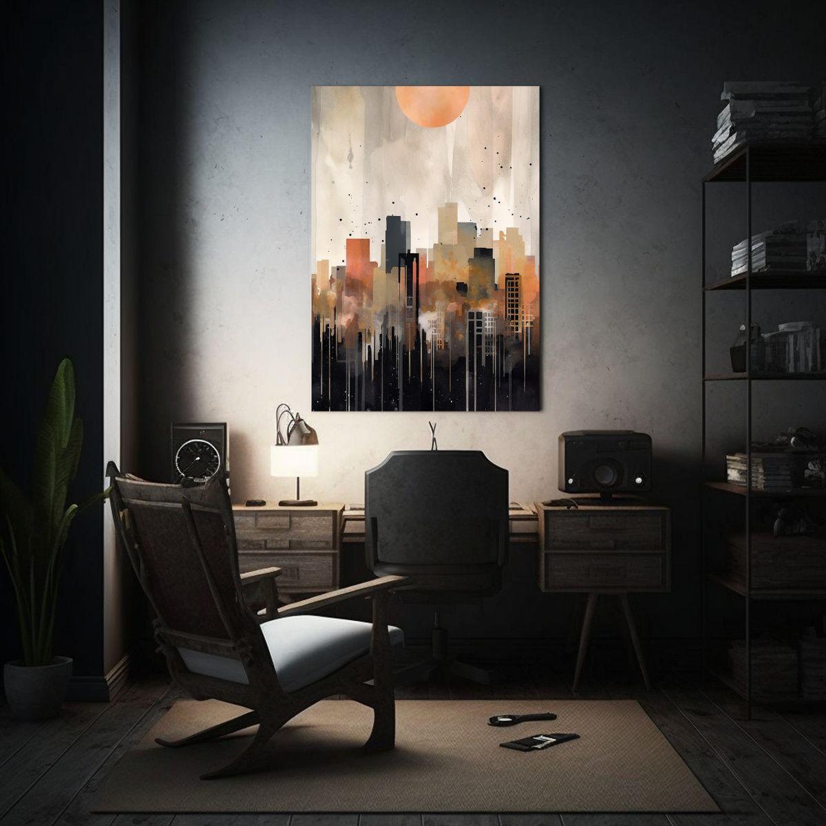 Cuadro Minimalista Ciudad Con Skyline En Acuarela, Fondo Neg 80x120cm-2