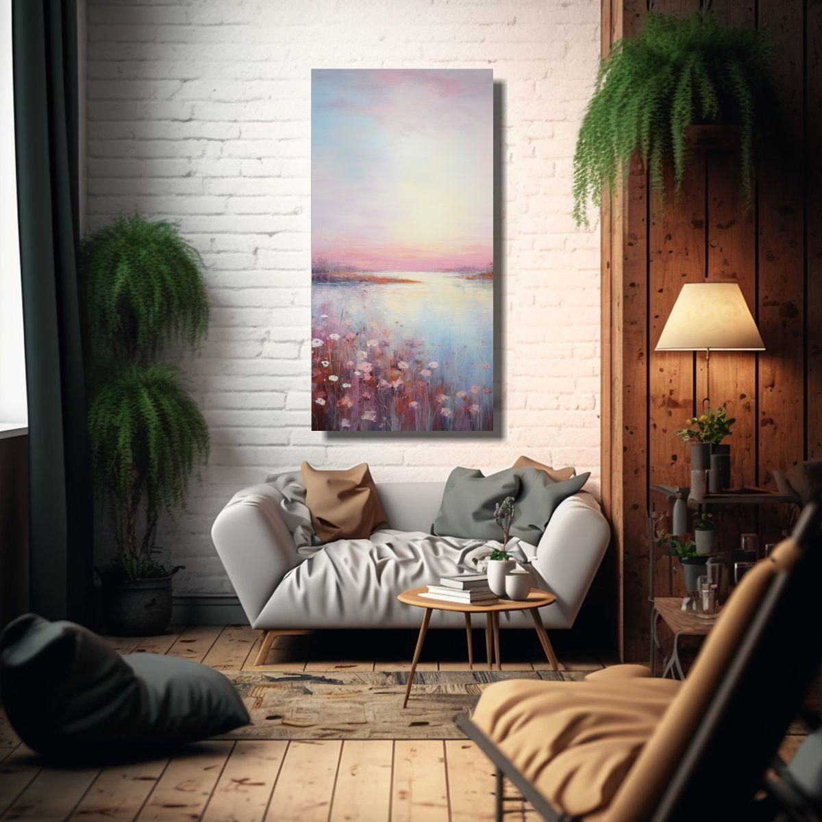 Paisaje Sereno Al Atardecer En Pinturas De Arte 20x40cm-2