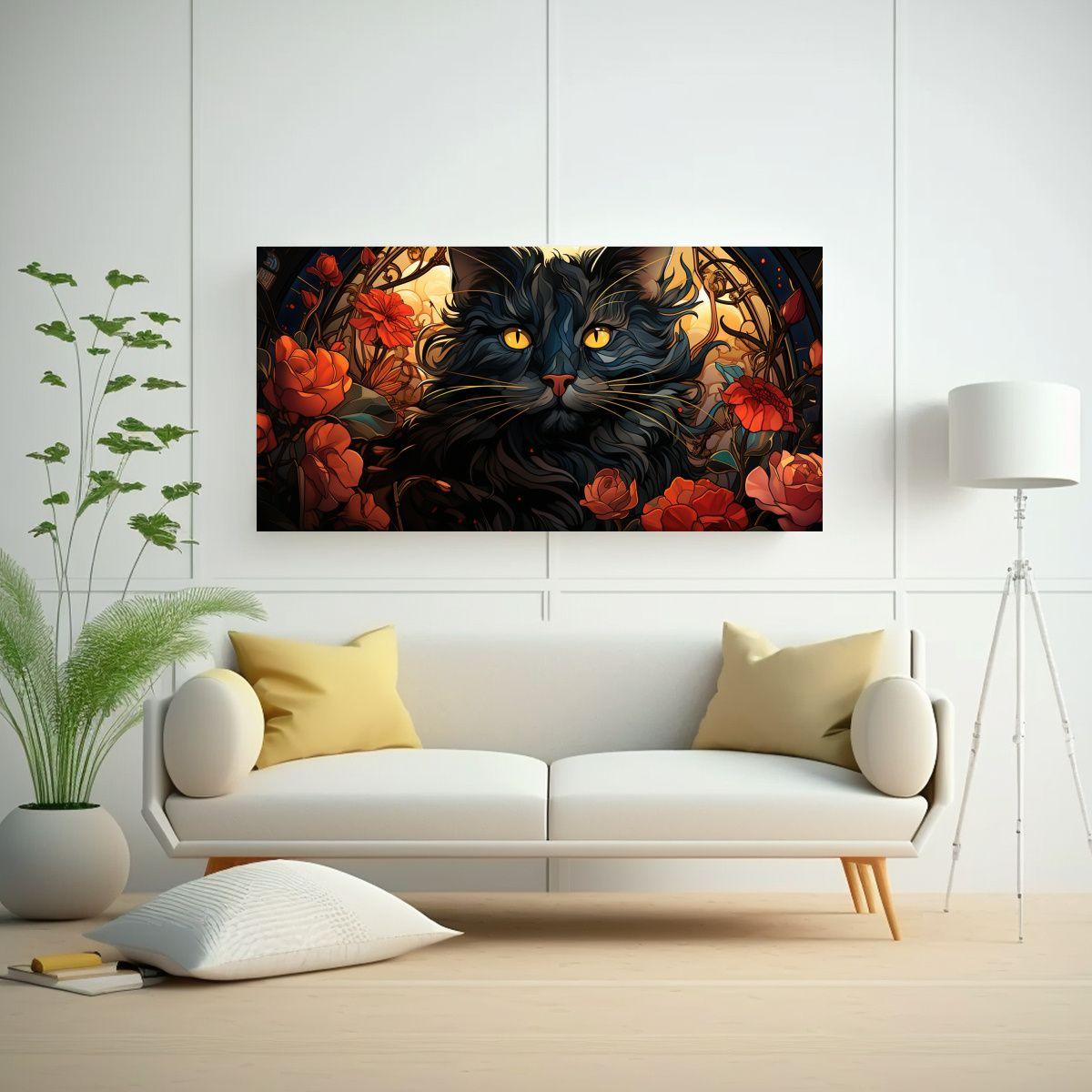 Pintura De Ventana De Vidrio Manchado Con Gato 140x70cm-2