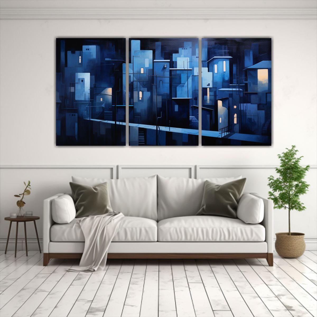Cuadro Abstracto Urbano Nocturno En Tres Lienzos 120x60 Cm-2