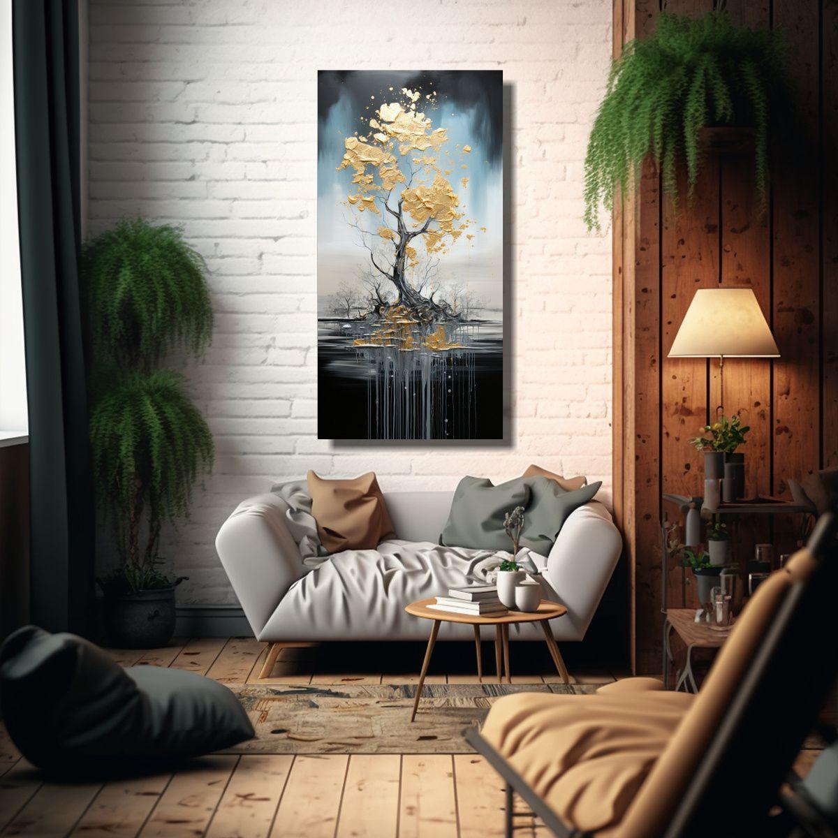 Pintura Vertical Floral En Negro Y Dorado 40x80cm-2