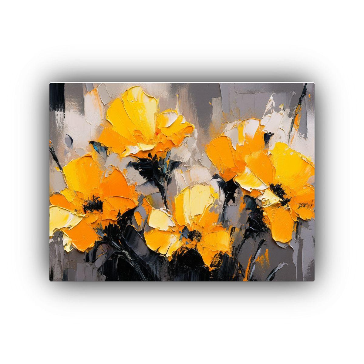 Cuadro Amarillo Y Negro Flores En Bastidor Estilo Galería,  50x40cm-0
