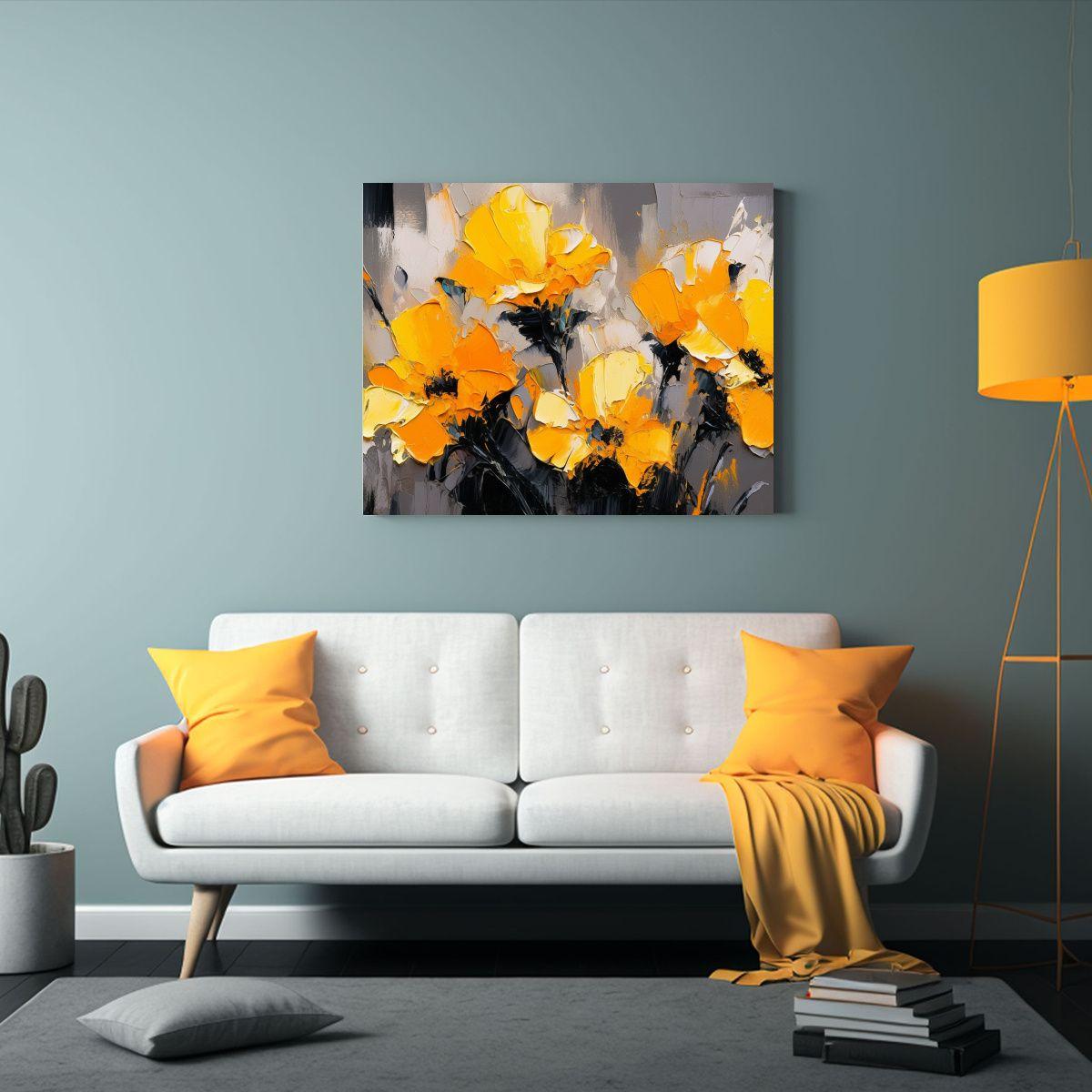 Cuadro Amarillo Y Negro Flores En Bastidor Estilo Galería,  50x40cm-2