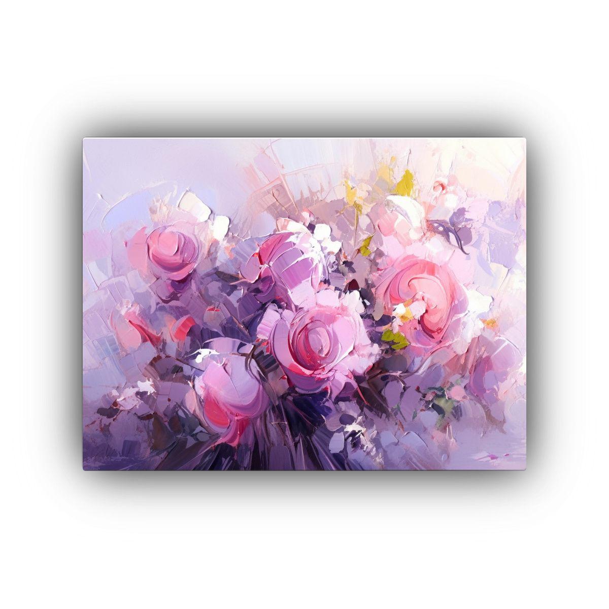 Pintura De Flores Púrpuras Y Rosadas En Lienzo 45x30cm-0
