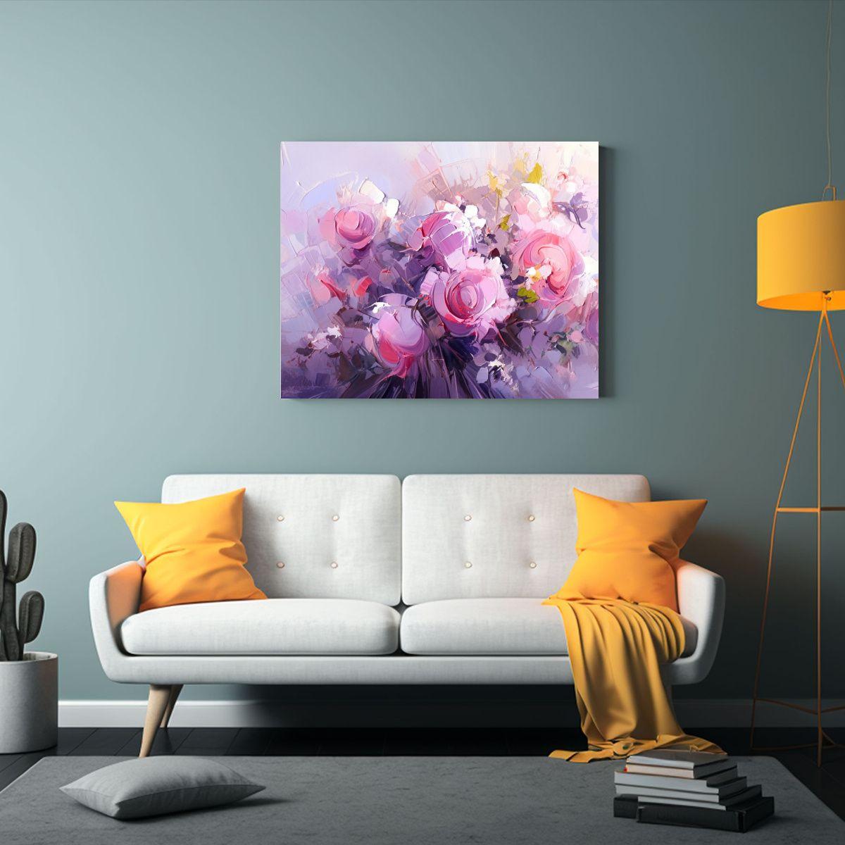 Pintura De Flores Púrpuras Y Rosadas En Lienzo 45x30cm-2