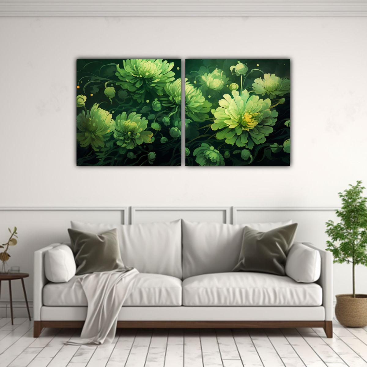 Cuadros Creativos Con Crisantemos En Tonos Verdes 60x30 Cm-2