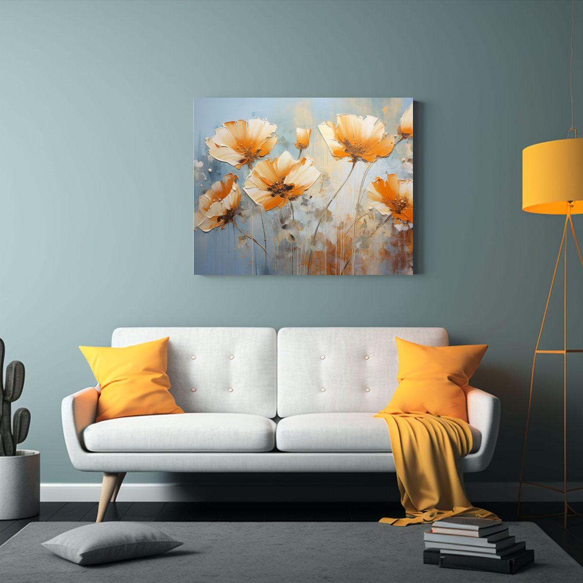 Cuadro Floral Espectacular En Tonos Naranja Y Dorado Para De 65x50cm-2
