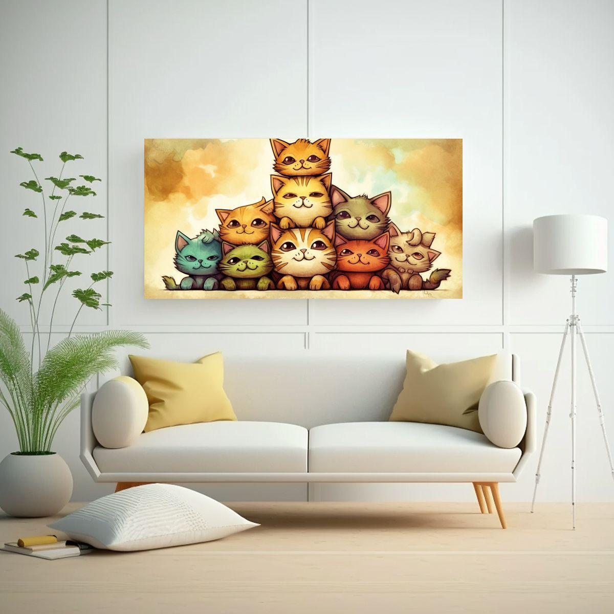 Pinturas De Decoración Fine Art Gatos En Colores 100x50cm-2