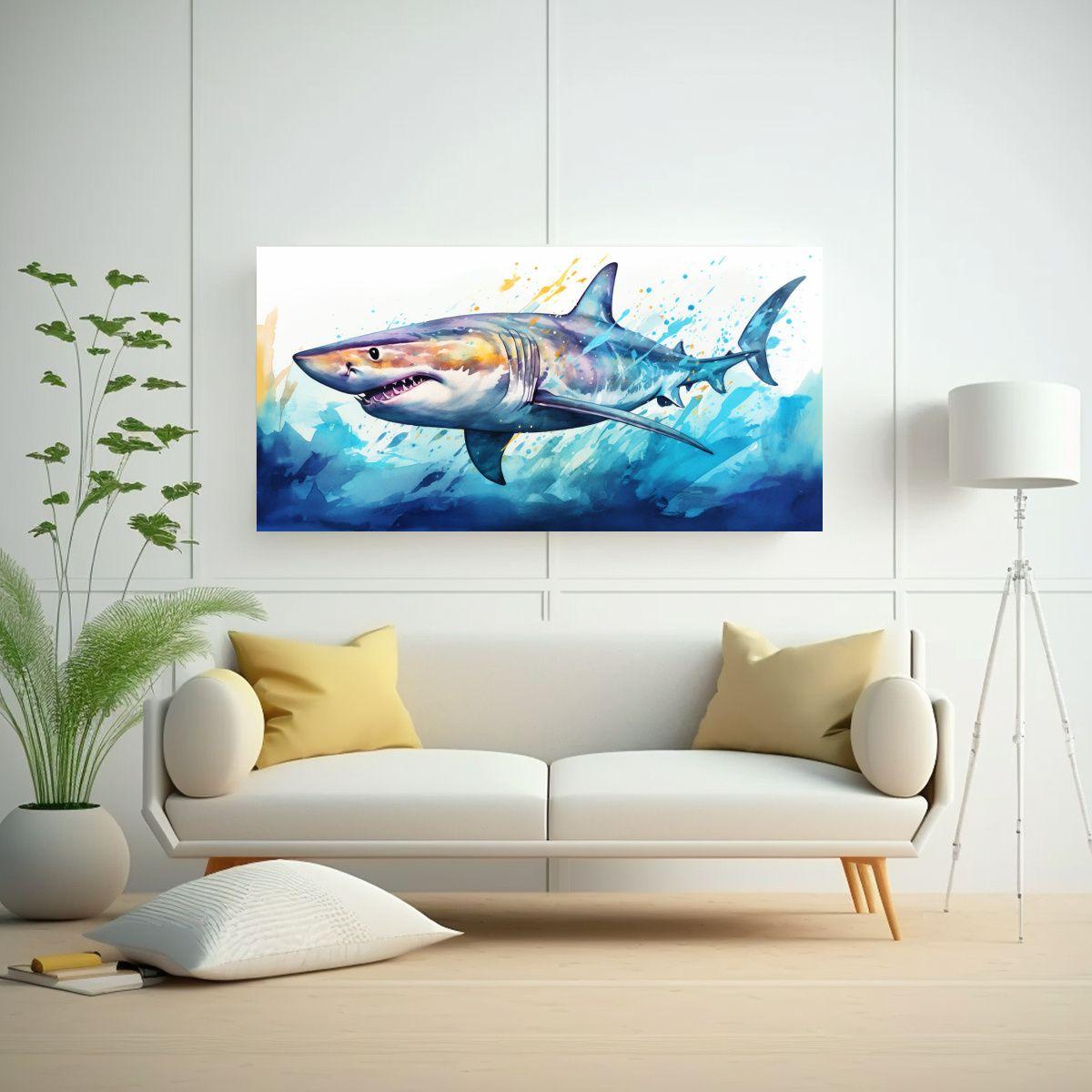 Pintura Acuarela Elegante De Tiburón Colorido 140x70cm-2