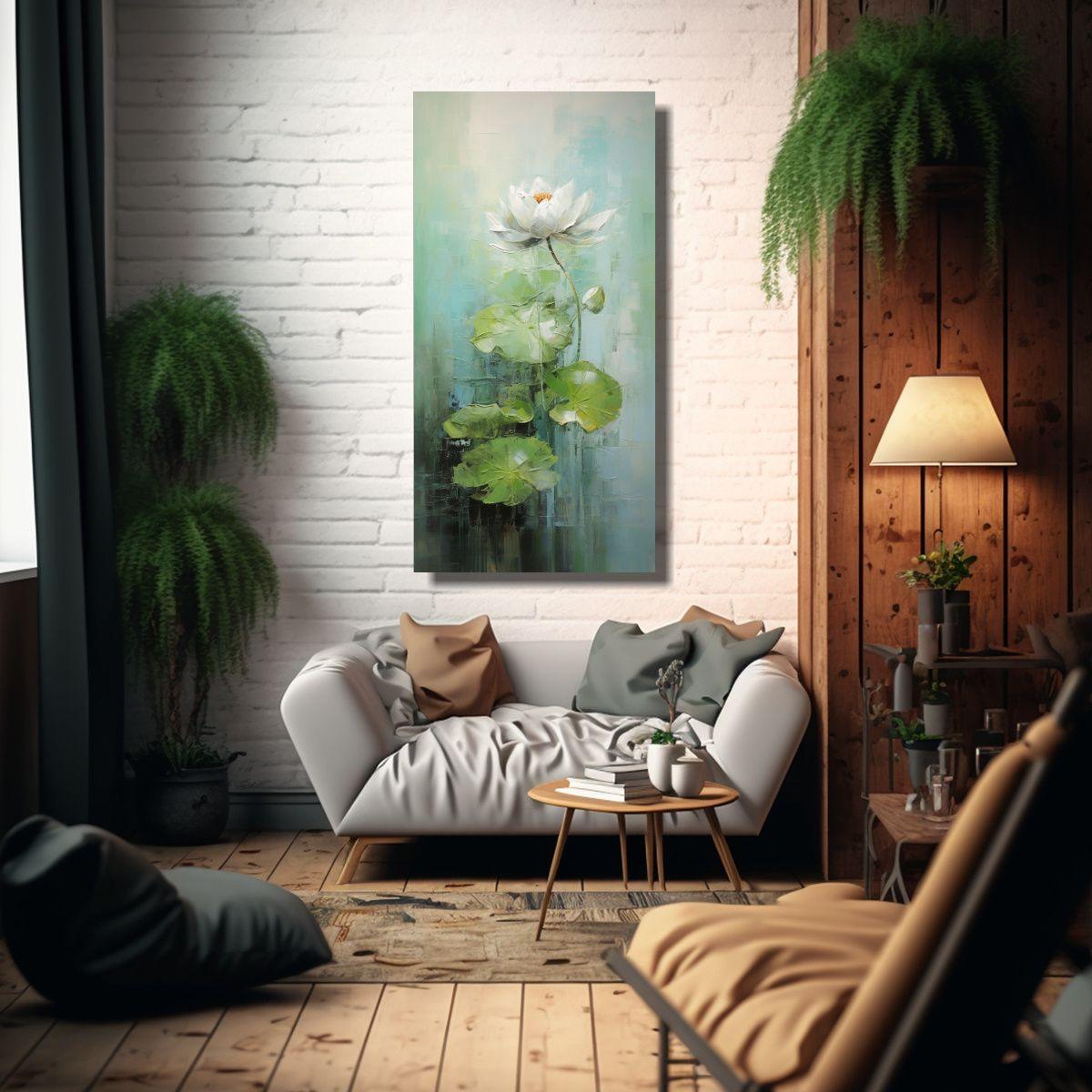 Pintura Abstracta De Loto Verde En Lienzo, Estilo 50x100cm-2