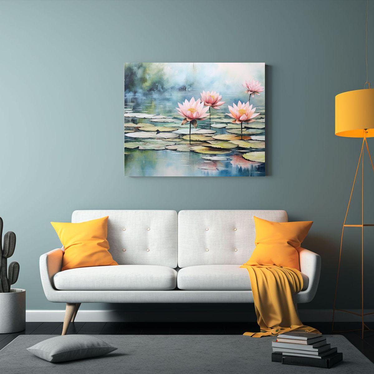 Impresionante Serie Acuarela De Loto Rosa, Verde Y Azul Para 120x80cm-2