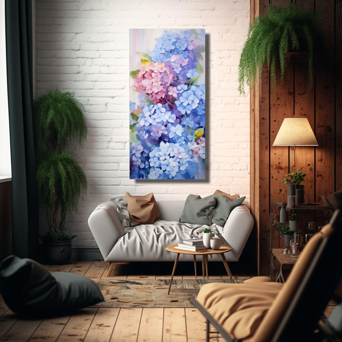 Pintura Abstracta De Hortensias En Aceite, 30x60cm-2