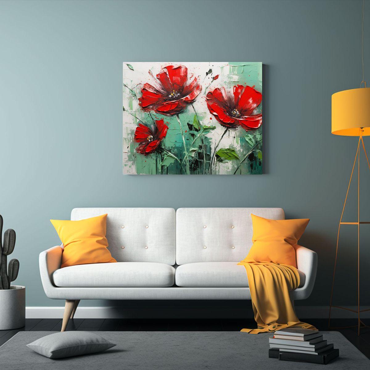Pintura En Lienzo De Flores En Colores Verde Y 65x50cm-2
