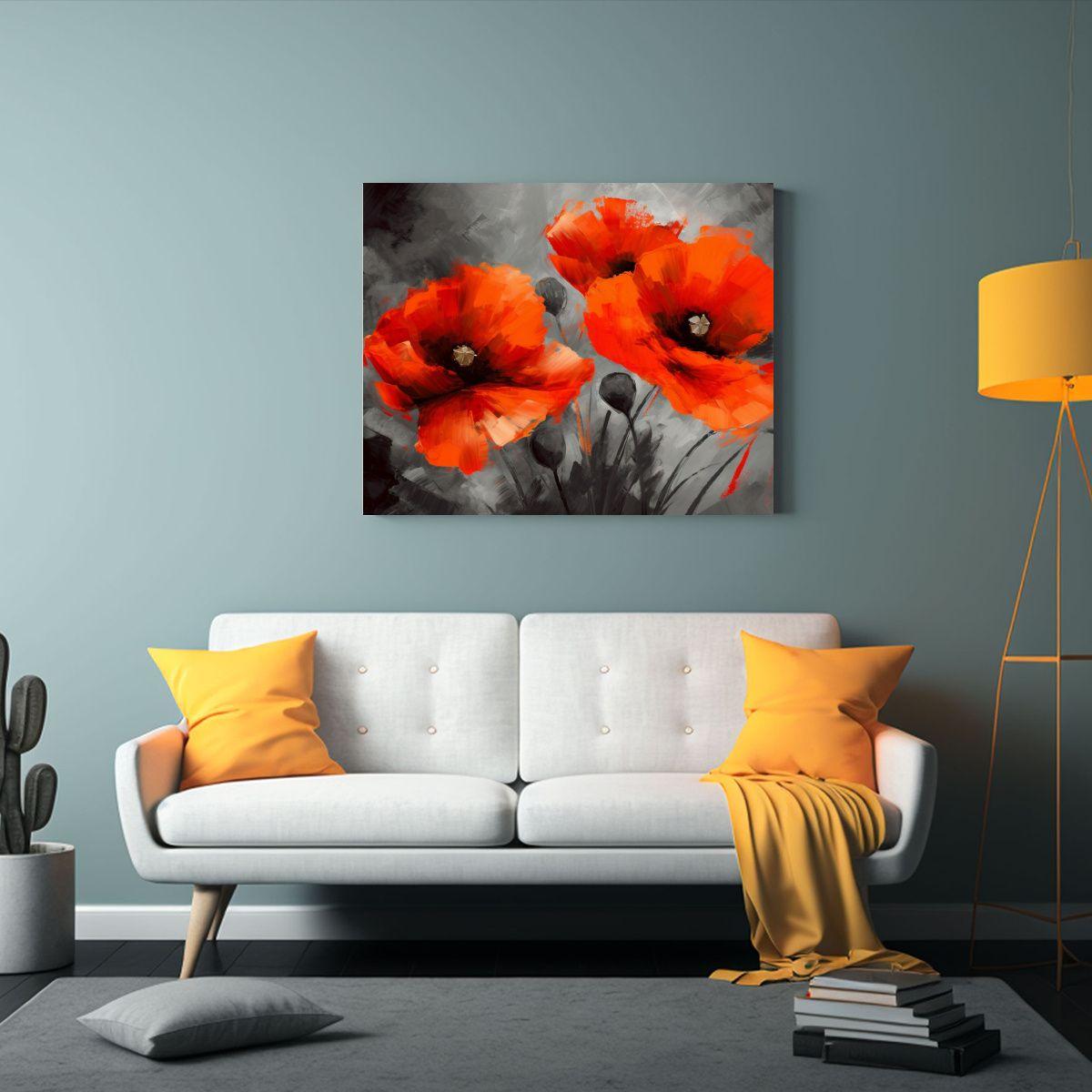 Cuadro De Lienzo De Fotografía De Amapolas Rojas Sobre Gris 120x80cm-2