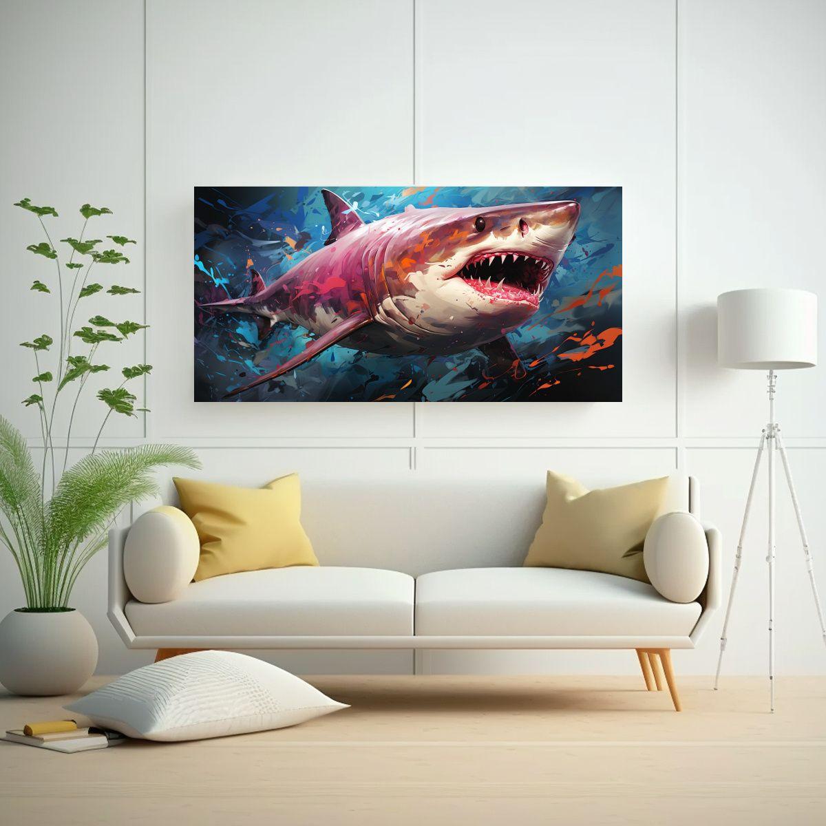 Cuadro Decorativo De Tiburón Azul En Colores Lava 140x70cm-2