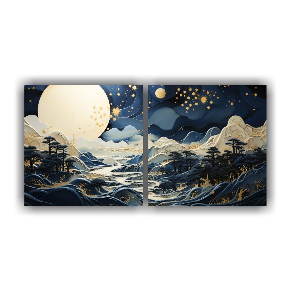 Dos Composiciones Modernas Con Luna Y Montañas 40x20 Cm-0