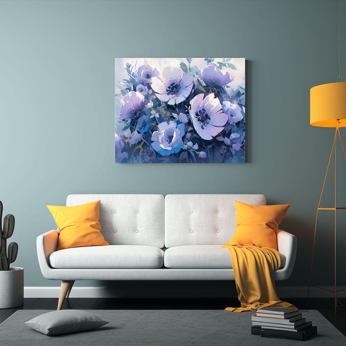 Pintura Lienzo Acuarela Flores Moradas Y Turquesas En Decora 65x50cm-2
