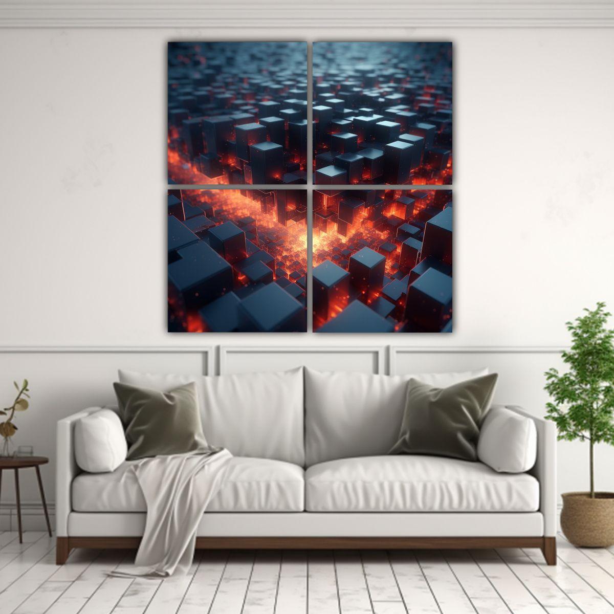 Cuatro Lienzos Abstractos En 3D Composición 100x100 Cm-2
