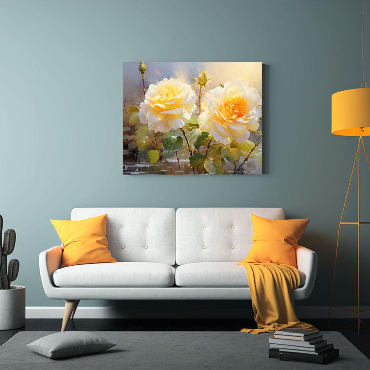 Pintura Abstracta Acuarela Rosas Amarillas Y Blancas. 65x50cm-2