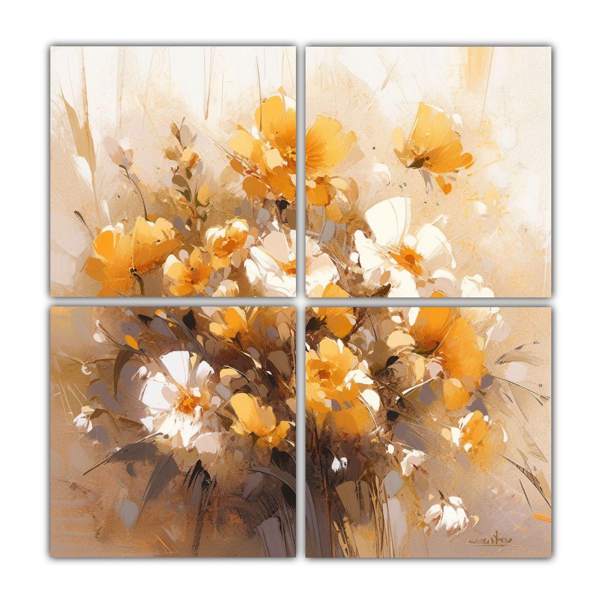 Pintura Floral Amarilla Y Dorada En Lienzo, Arte 80x80 Cm-0