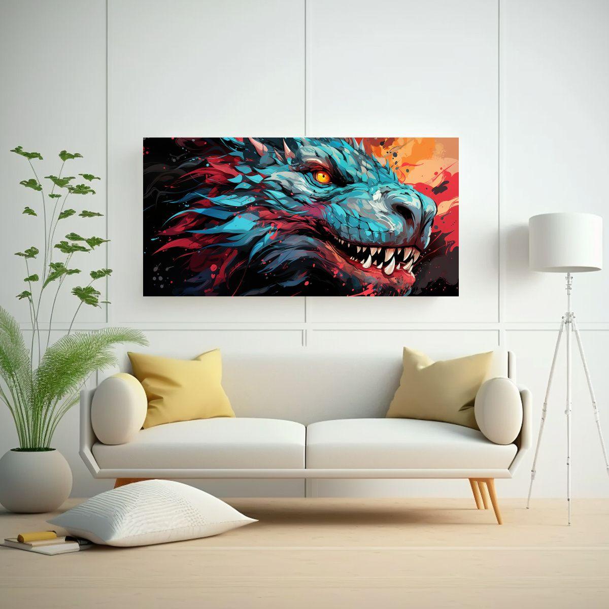 Cuadro Acuarela Temática Dragón En Rojo Y Turque 60x30cm-2