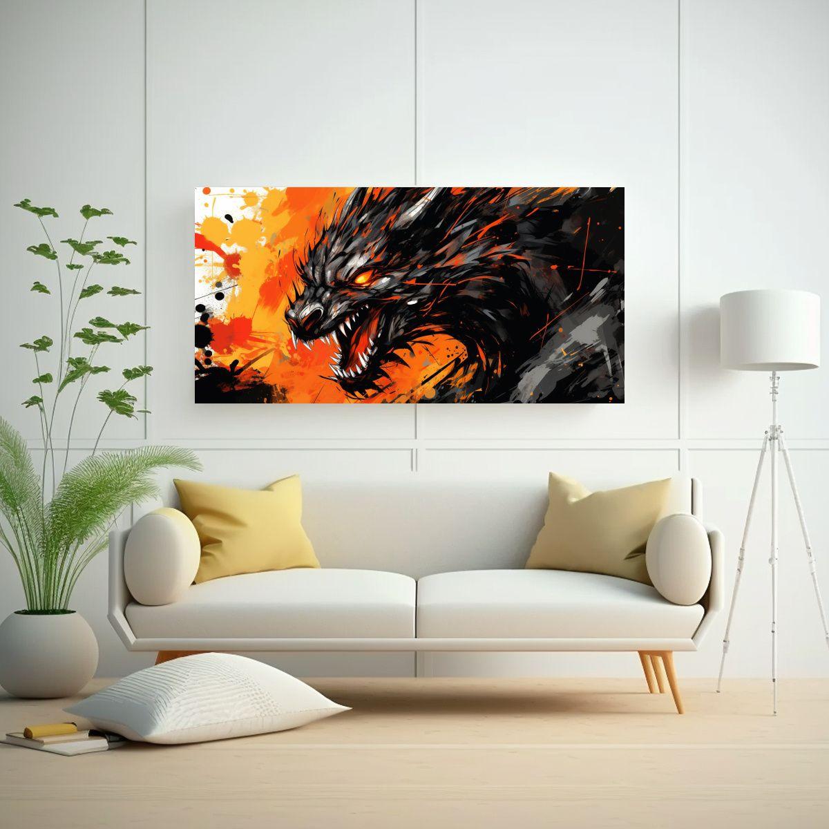 Pintura De Fantasía: Dragón En Naranja Y Negro, 40x20cm-2
