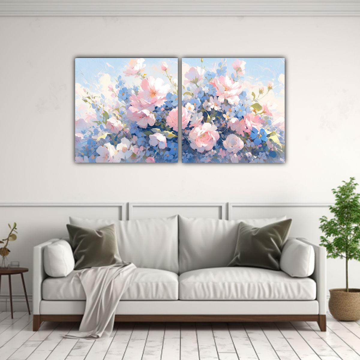 Pintura Lineal De Flores En Colores Rosa Y Azul 120x60 Cm-2