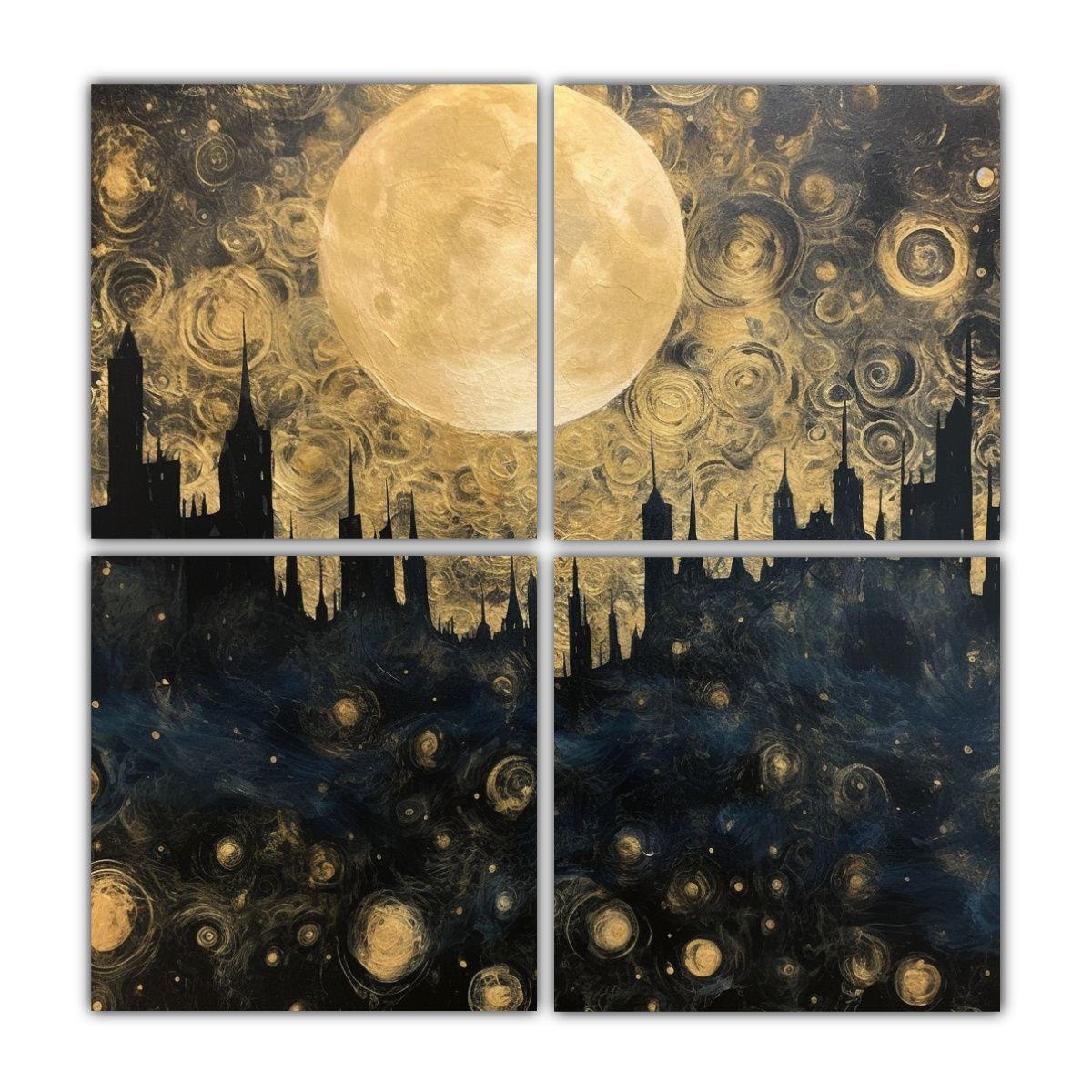 4 Lienzos Colores Alegres Noche Oscura Con Luna 120x120 Cm-0