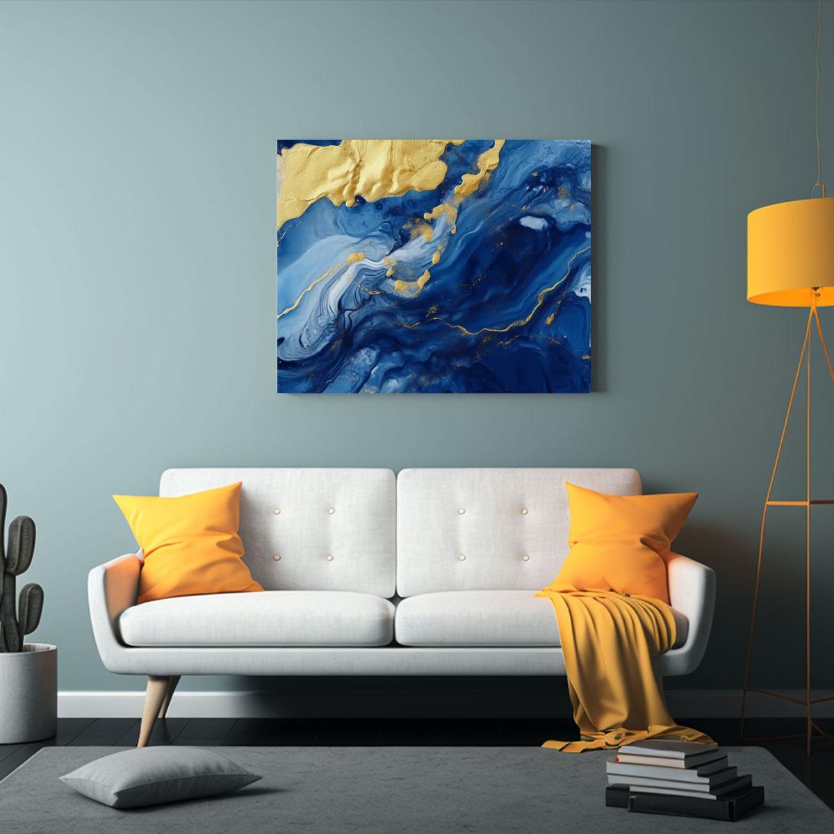 Pintura Acuarela Mármol Azul Y Oro Abstracto De Lujo. 90x60cm-2