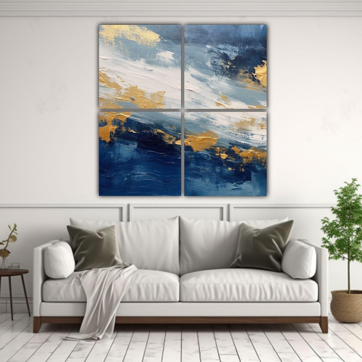 Pintura Abstracta Azul Y Dorada En Lienzo Blanco 60x60 Cm-2