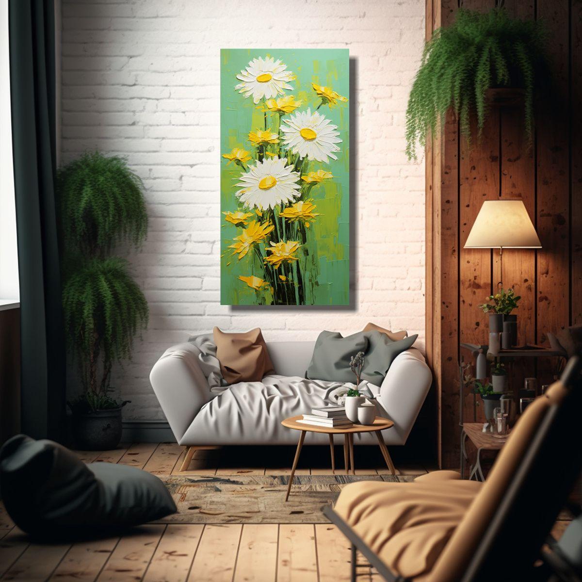 Pintura En Lienzo De Flores Amarillas Y Verdes 20x40cm-2