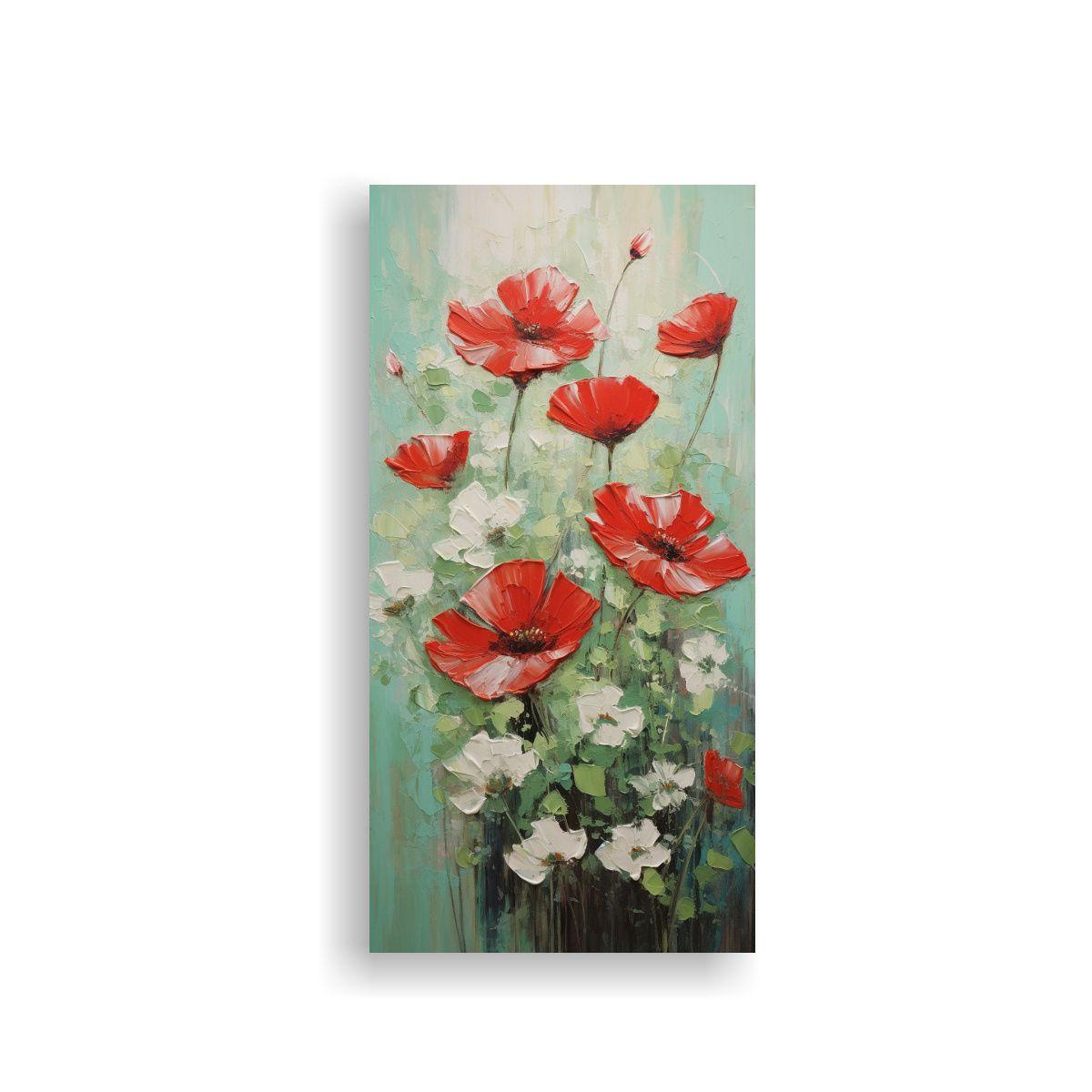 Pintura En Lienzo De Flores En Tonos Verdes Y Rojo 70x140cm-0