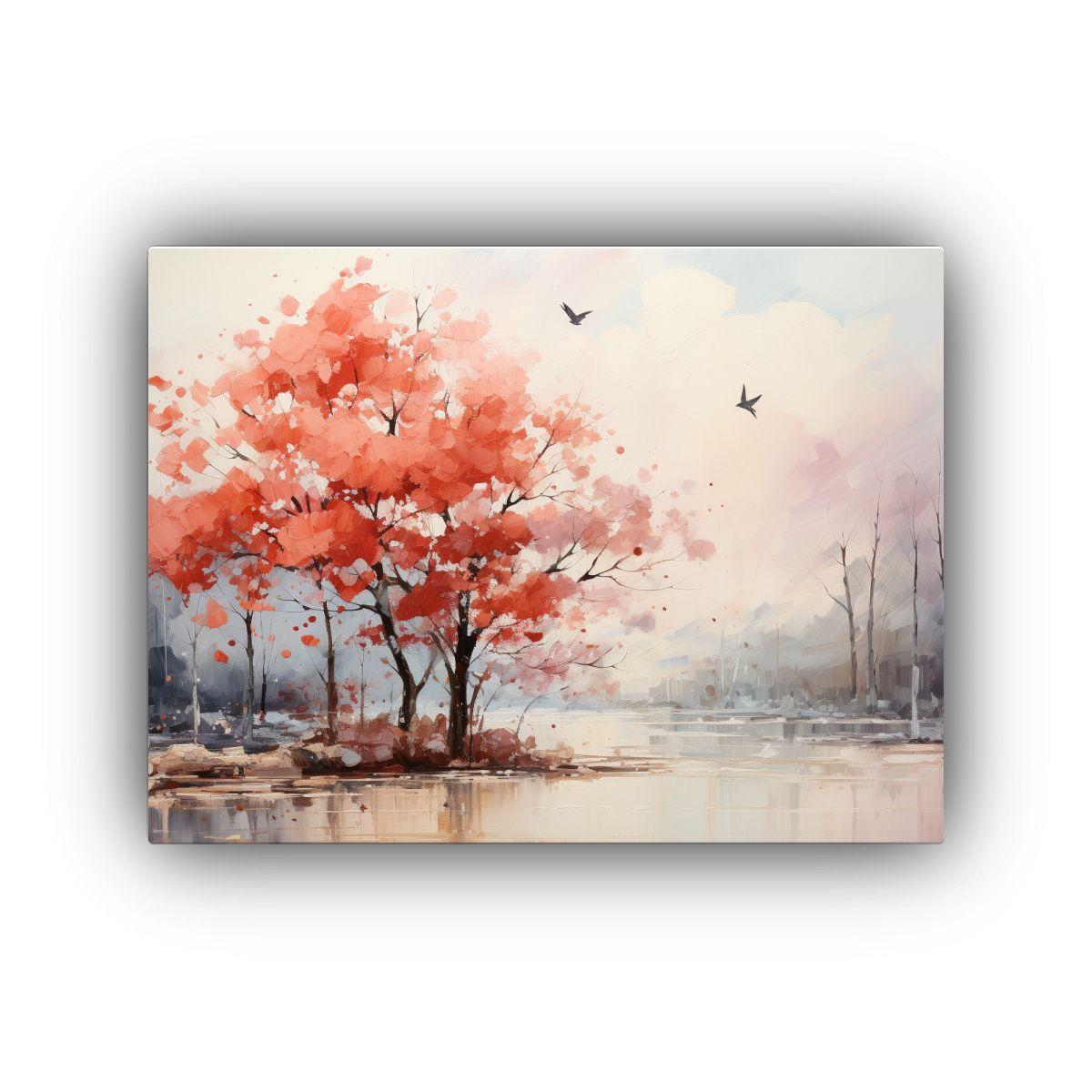 Pintura Abstracta De árbol En Colores Rojo Y Naranja Sobre  40x30cm-0