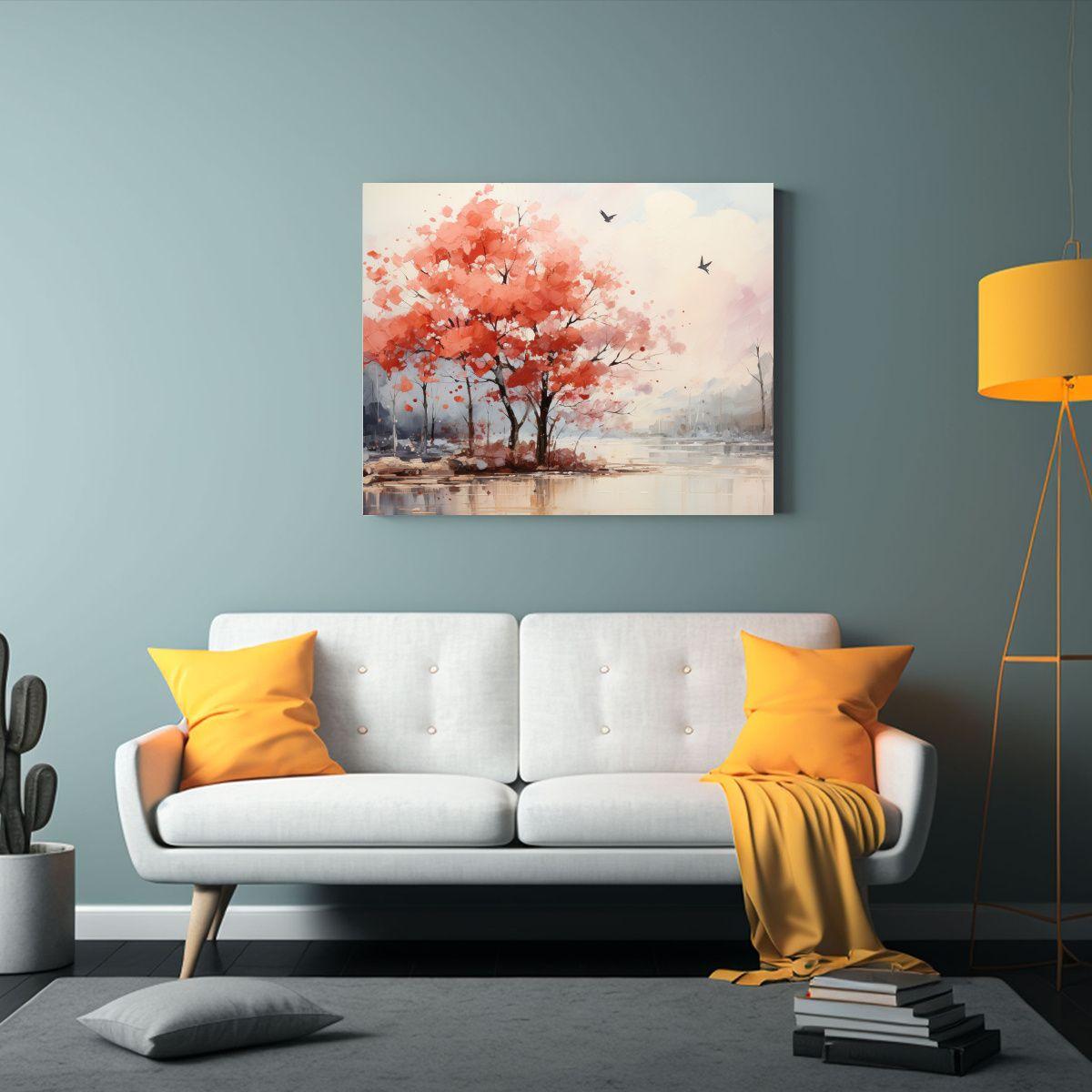 Pintura Abstracta De árbol En Colores Rojo Y Naranja Sobre  40x30cm-2