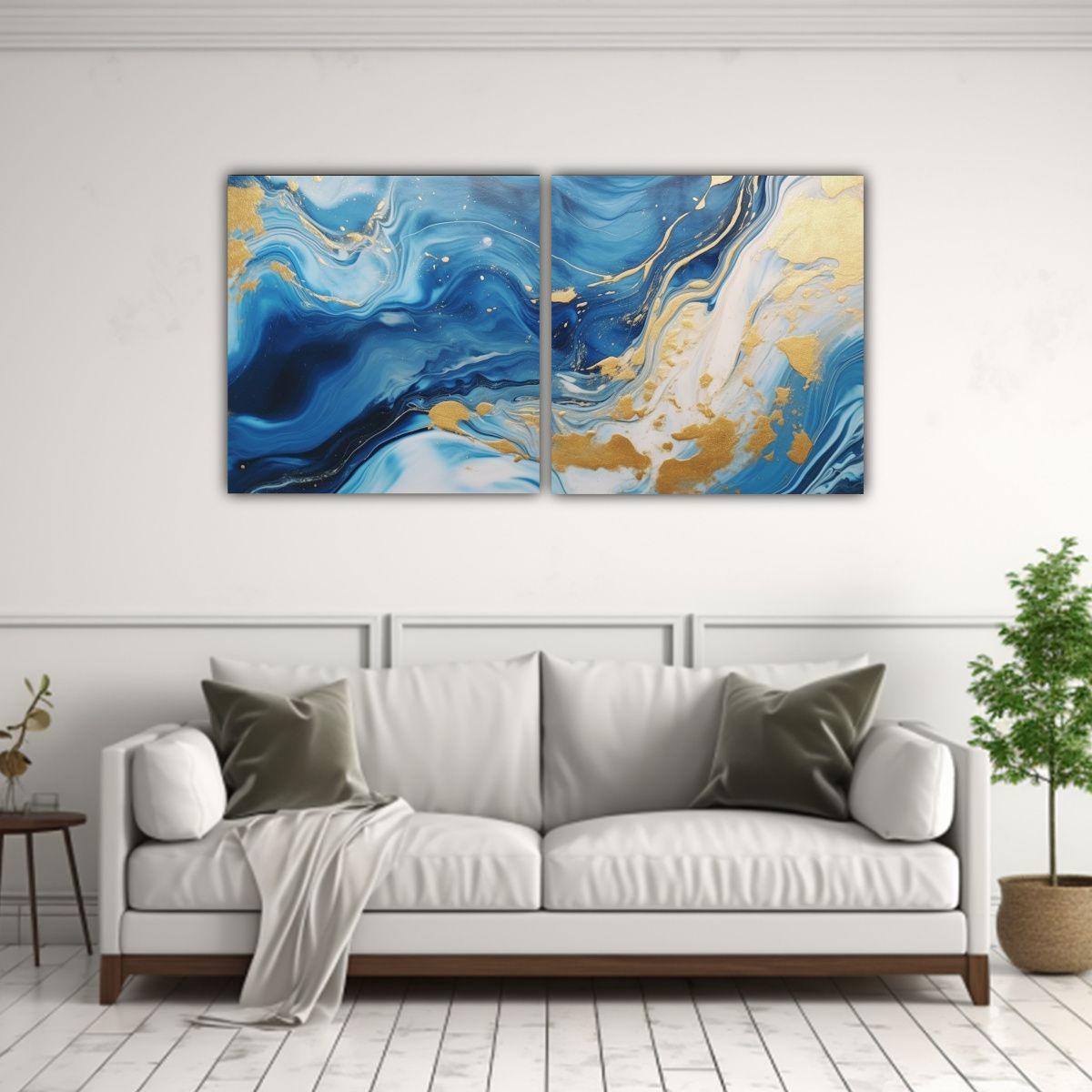 Conjunto 2 Lienzos Sala Swirling Dorado Y Azul 40x20 Cm-2