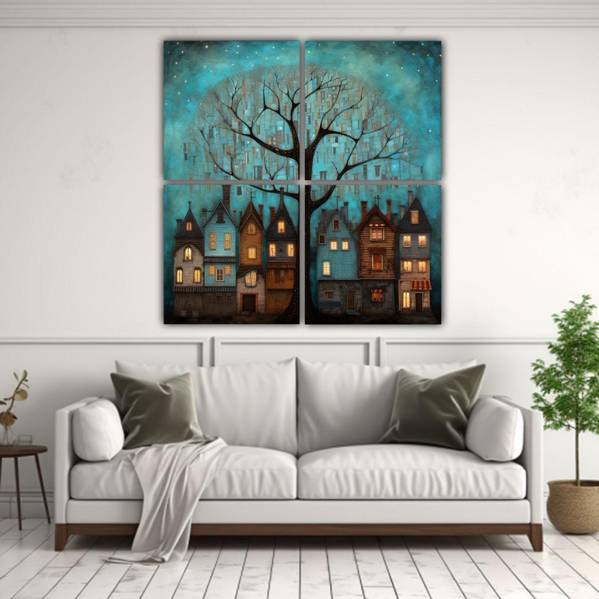 Cuadro De Lienzo Sublimado Con Árboles Y Casas 200x200 Cm-2