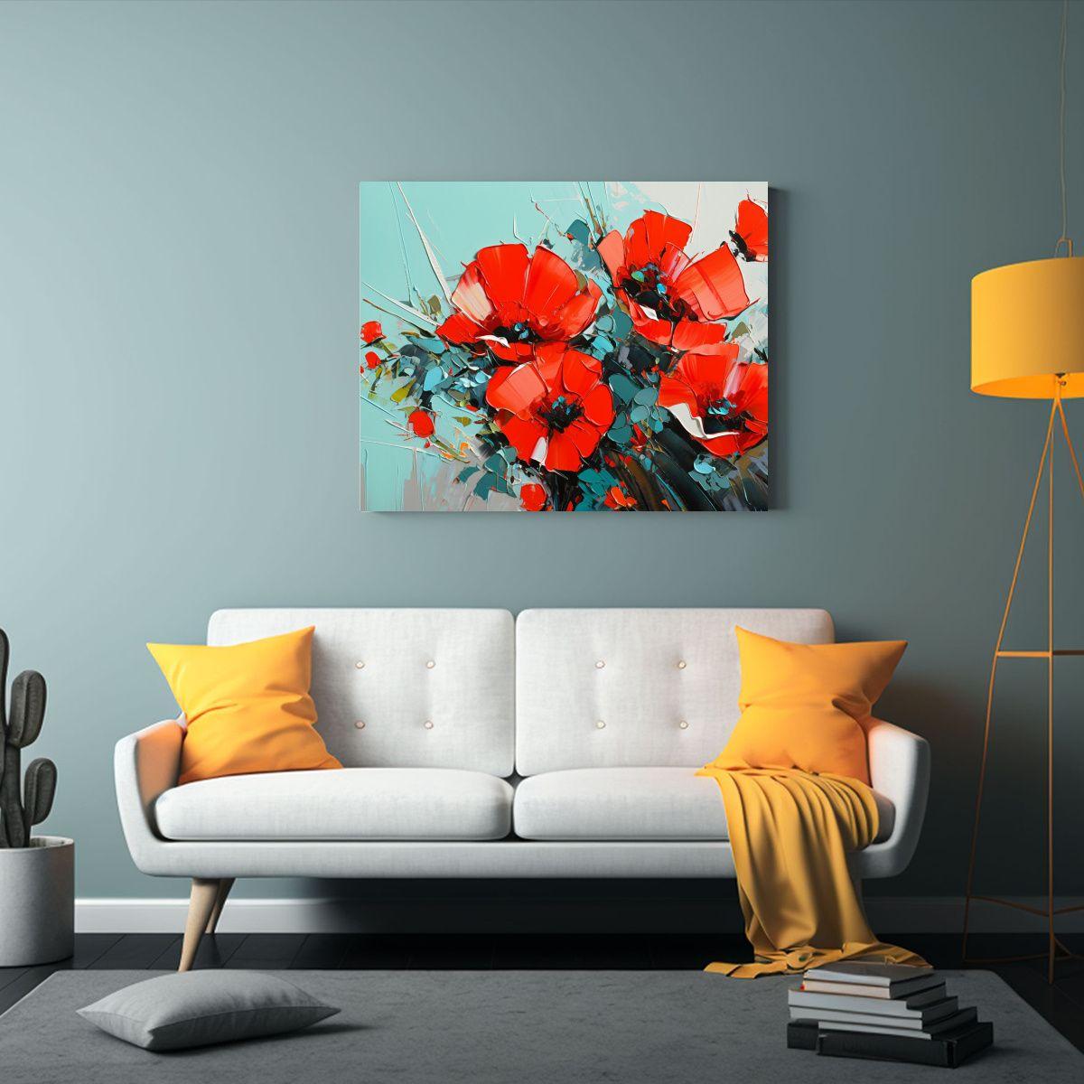 Cuadro Inspiración Original Floral En Rojo Y Turquesa En Li 75x50cm-2