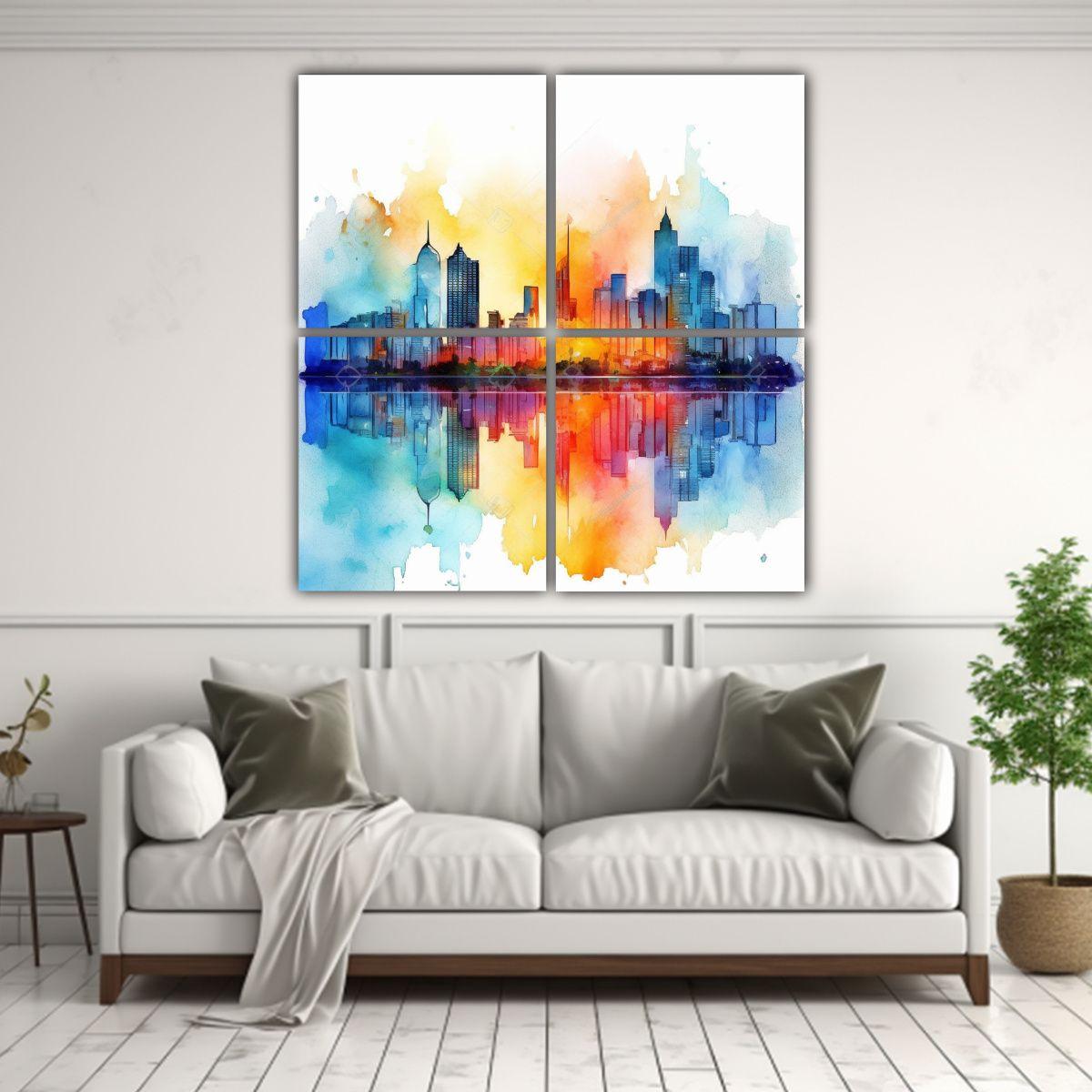 Paisaje Urbano Vibrante Pintura Acuarela Cuadro 120x120 Cm-2