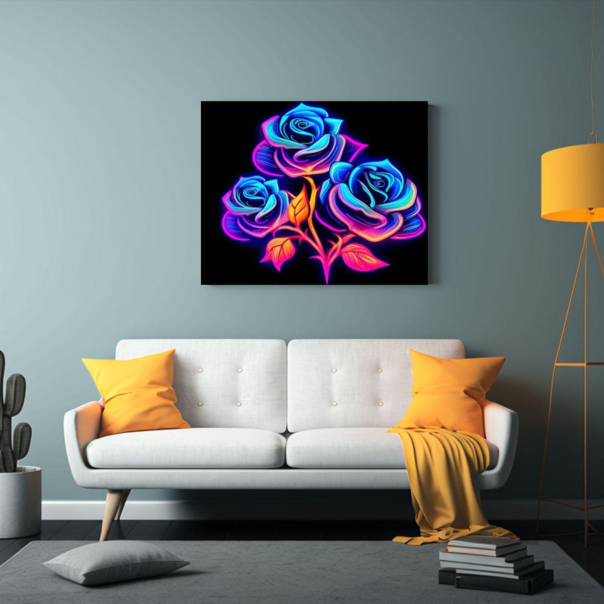 Cuadro Decorativo Con Hermosas Flores Rosas En Estilo Neón  45x30cm-2