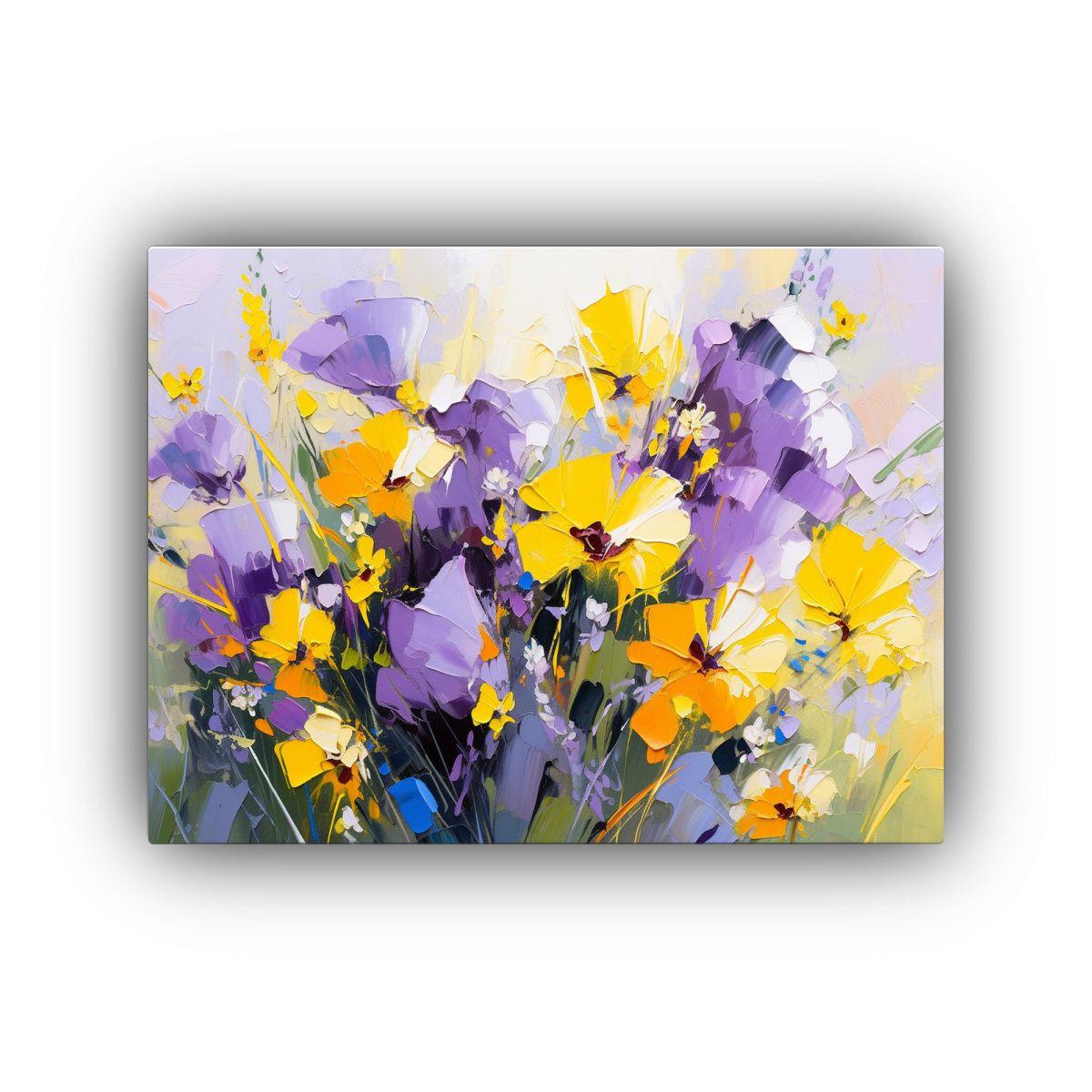 Cuadro Flores Amarillas Y Moradas En Lienzo: Naturaleza Viva 65x50cm-0