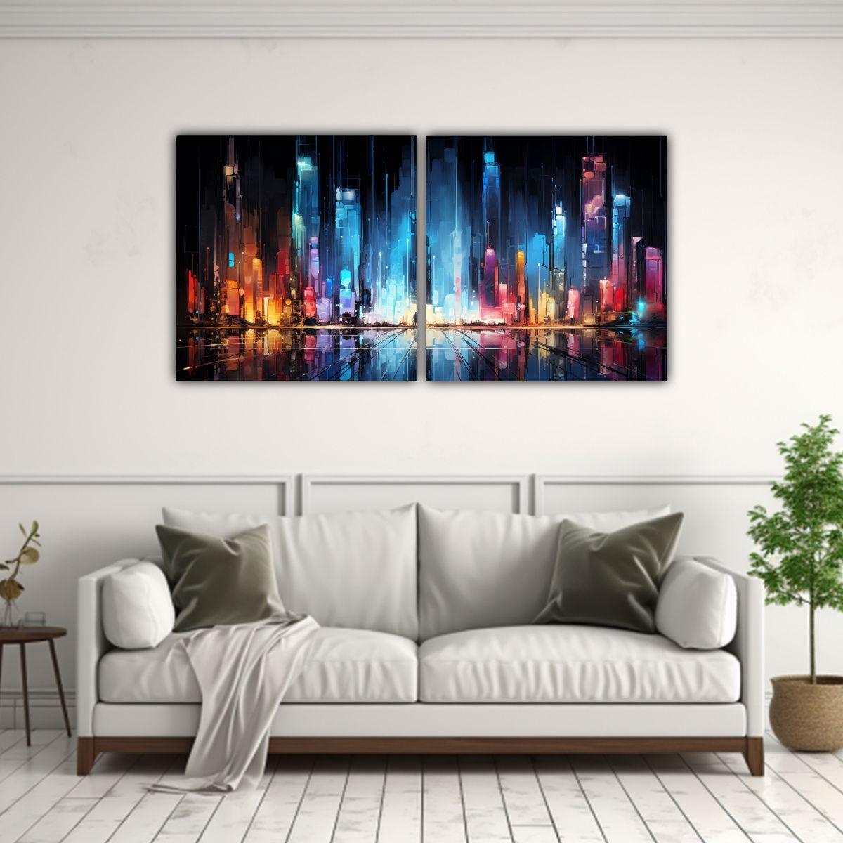 Set 2 Lienzos Escena Abstracta Ciudad En Luces 40x20 Cm-2