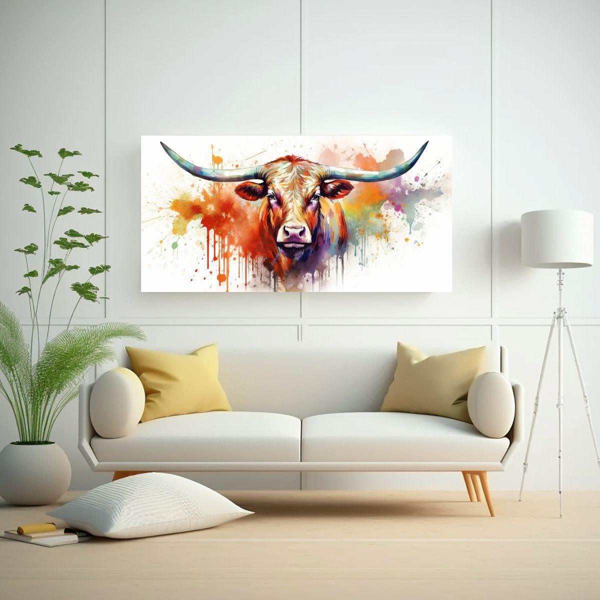 Cuadro Hermoso De Una Vaca Longhorn En Acuarelas 100x50cm-2