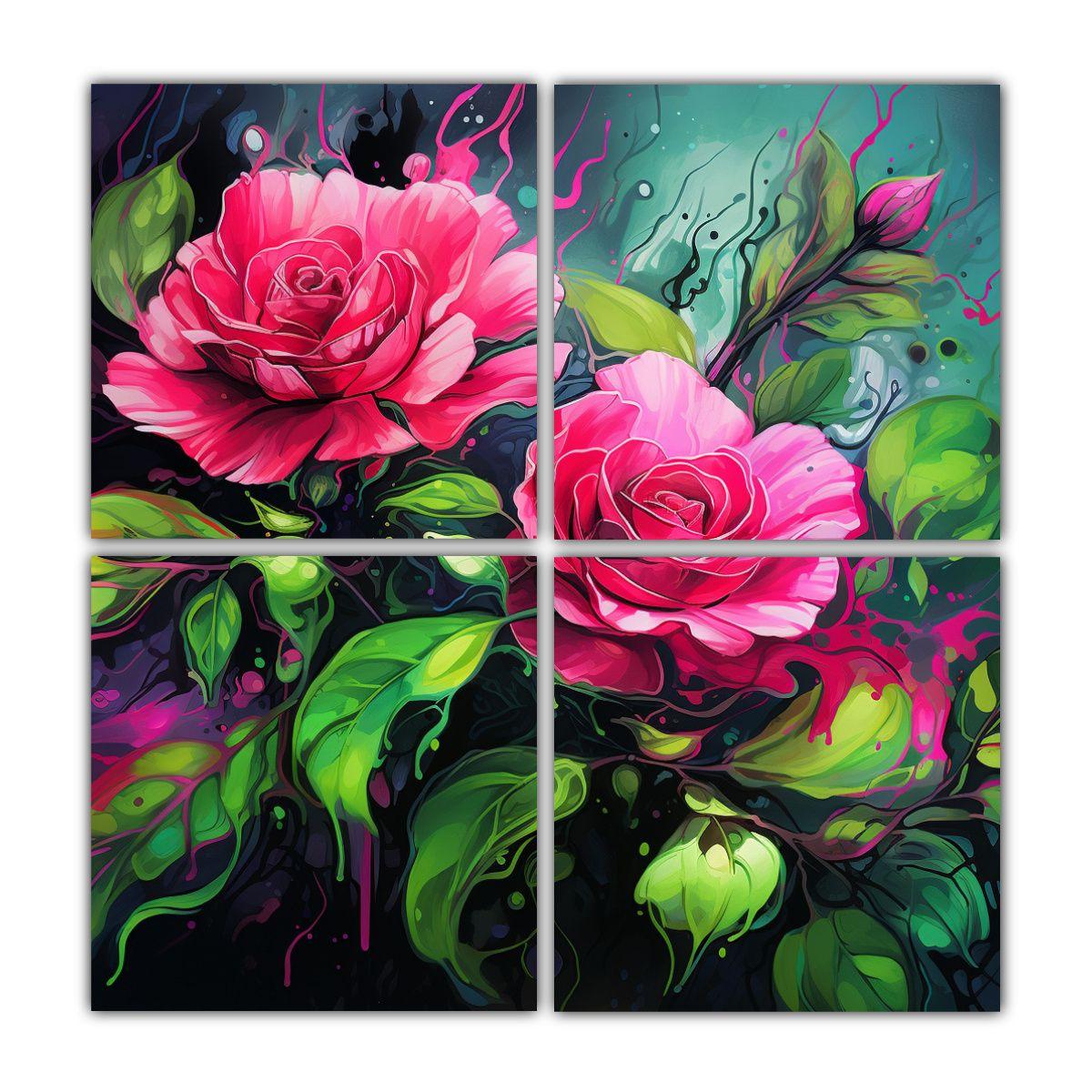 Cuatro Artes Composición Simétrica Verde Y Rosa 40x40 Cm-0